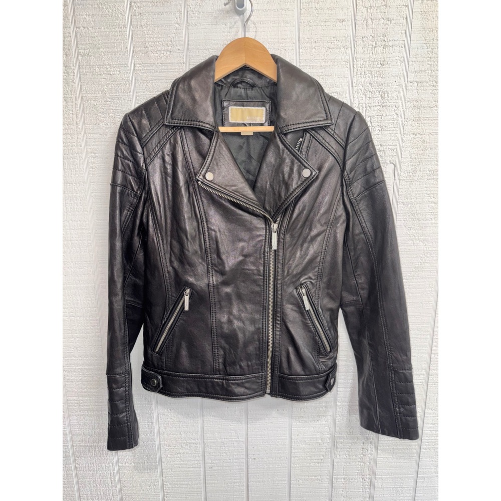 Michael Kors Leather Biker Jacket Women Black Quilted Moto Size M
